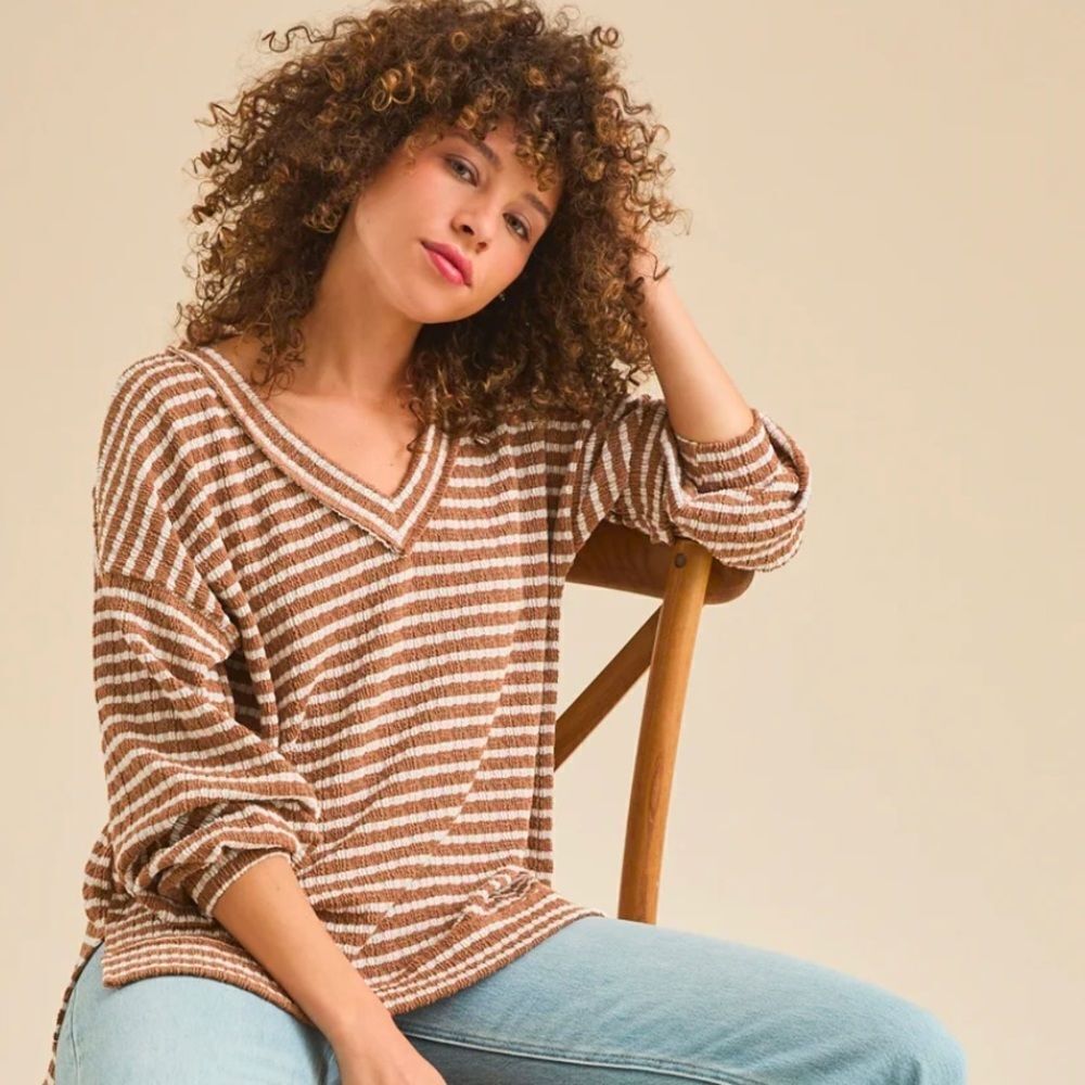 ALTAR’D STATE XS White Tan Soft Striped Kameron Urban Ribbed V-Neck Tunic Top - Picture 3 of 16